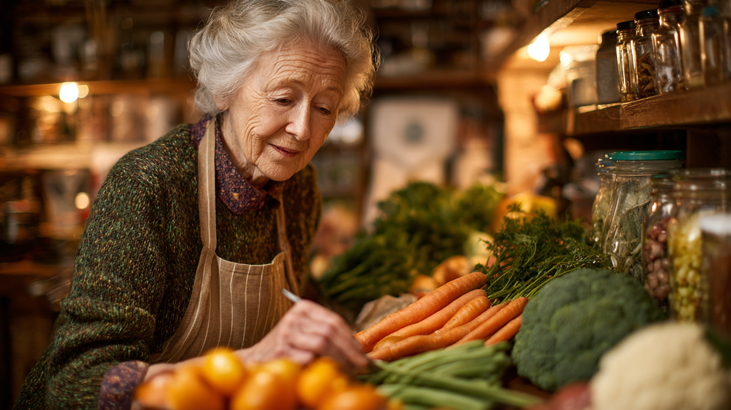 Старша жінка готує здорову їжу на кухні